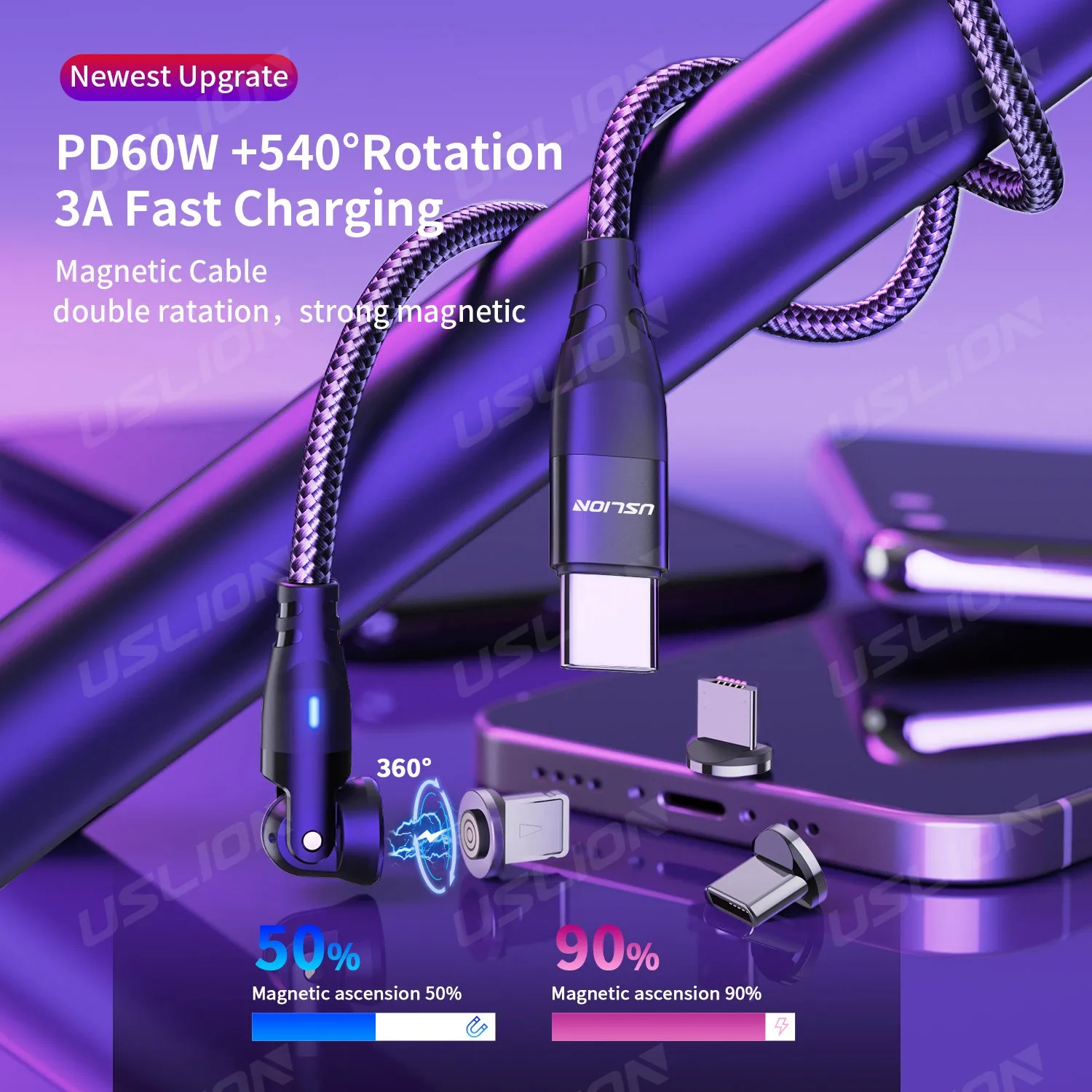 USLION PD60W Magnetic Charging Cable Laptop Data Transfer Cable Tablet Type C Fast Charging Cable For Xiaomi Samsung Redmi