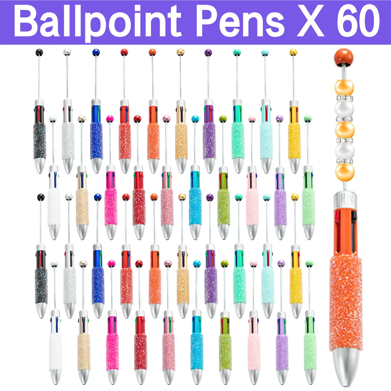 

60Pcs New 4-in-1 Creative Flash Diamond Pen DIY Beaded Pen Wholesale Handmade Beaded Pen Gifts for Students, Schools and Offices