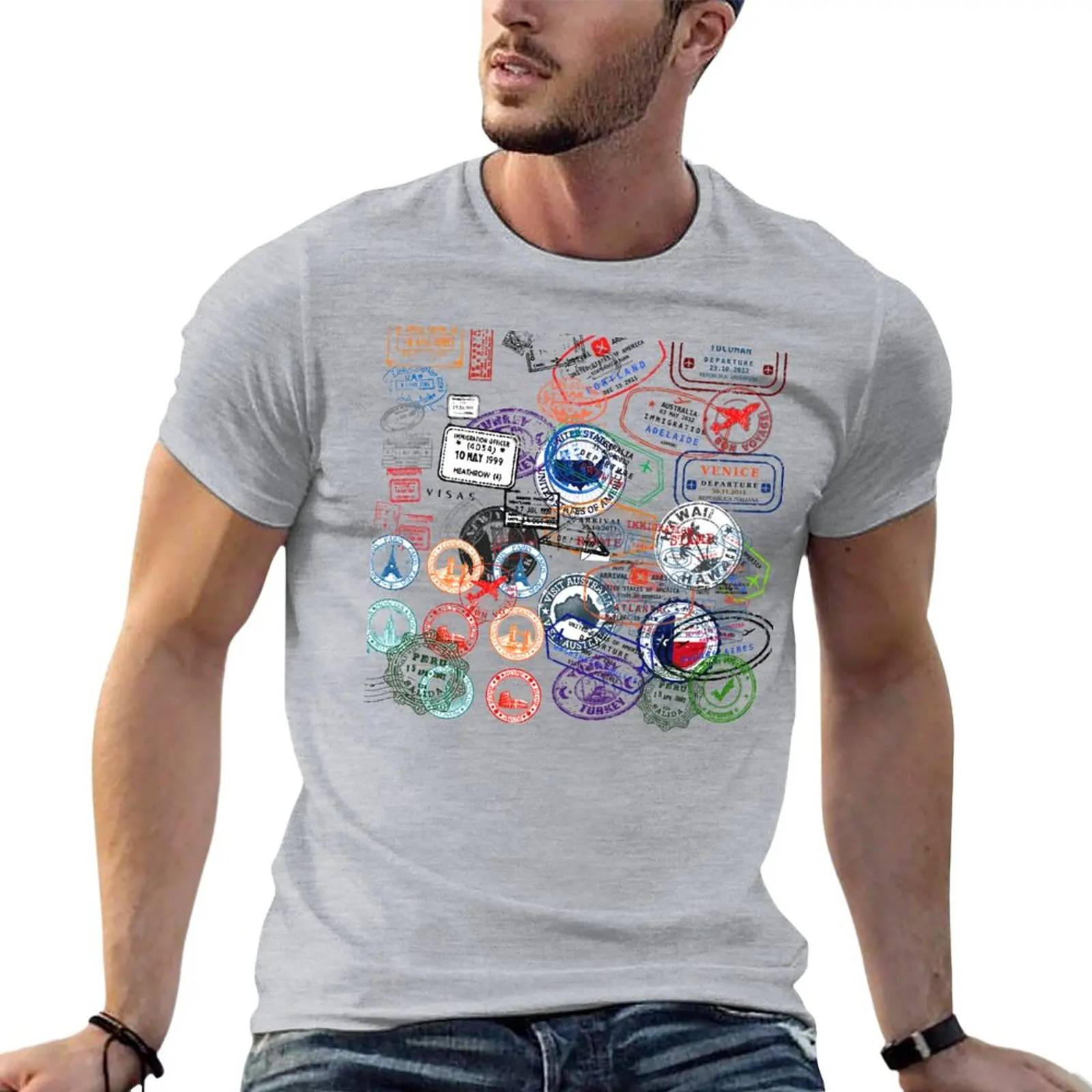 

International travel stamps T-Shirt anime summer tops boys animal print shirt mens clothing