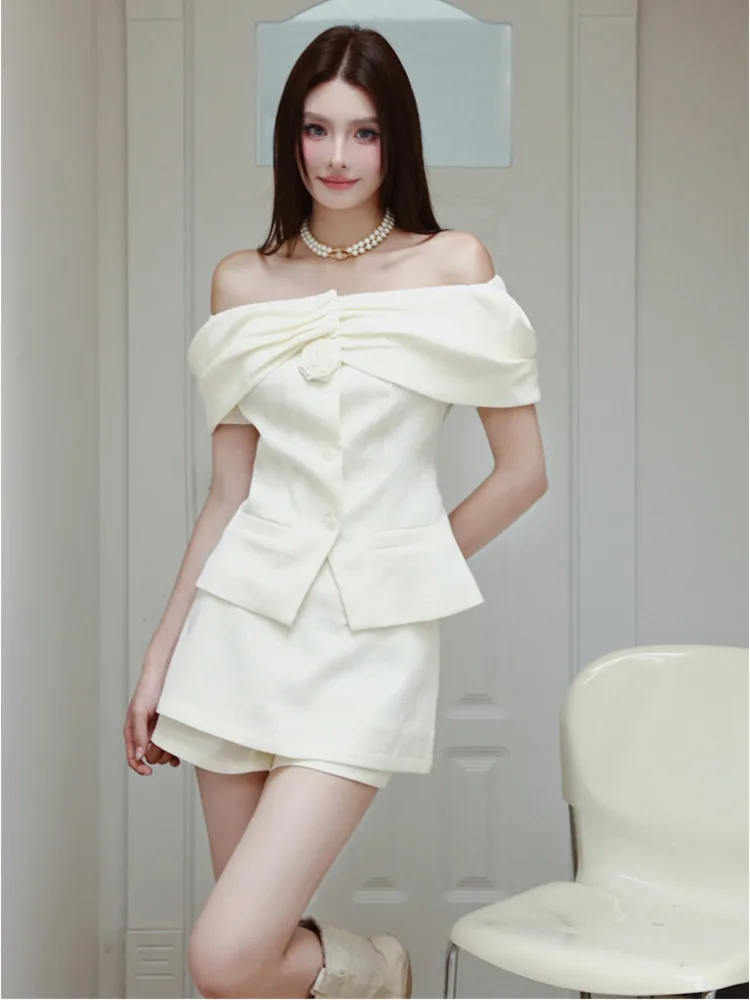 Korean Elegant Two Piece Set Women Off Shoulder French Retro Shorts Skirt Suit Female Summer Office Lady Sweet Slim Set 2023 New