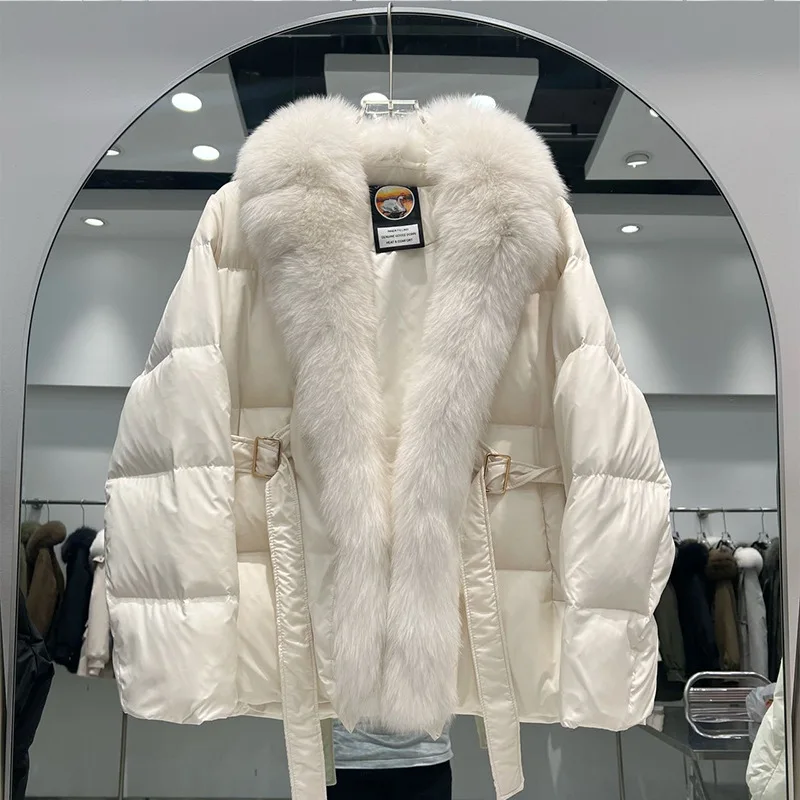 

2023 New Fashion Winter Jacket Women True Fur Coat White Goose Down Coat Extra Large Fox Fur Collar Thick Warm Street Wear