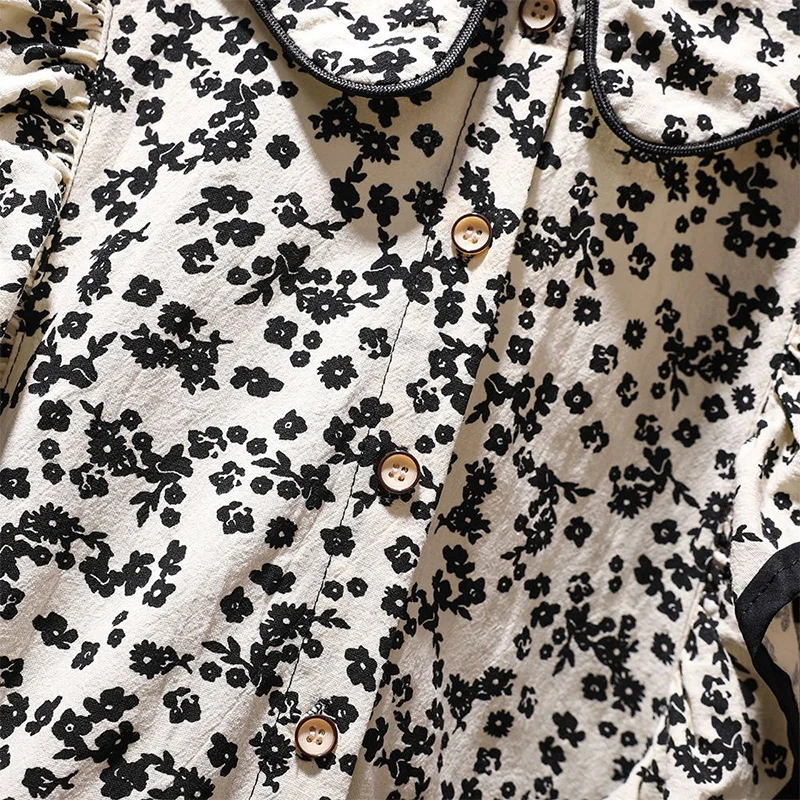 Kids Shirts Fashion Floral Printing Peter Pan Collar Splicing Agaric Edge Contrast Color Button Blouse