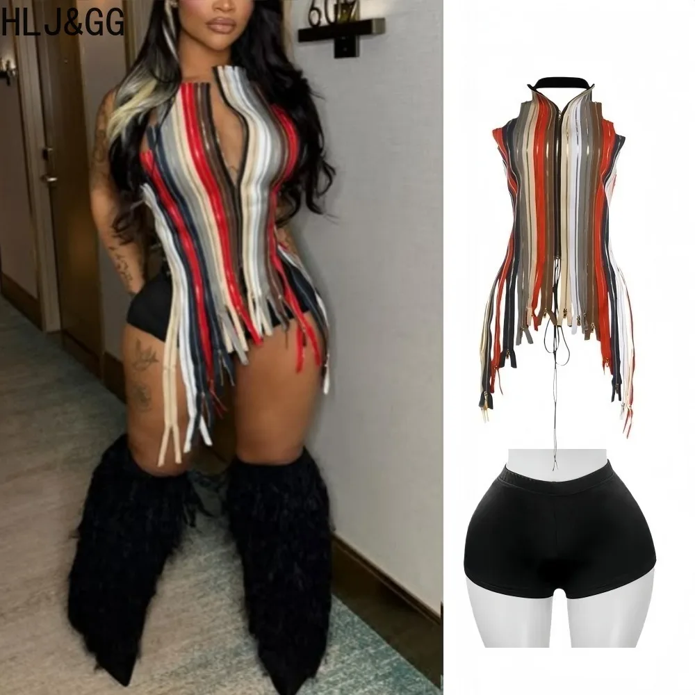 HLJ&GG Sexy 2 Pieces Set for Woman Color Block Zipper Irregular Backless Crop Top and Shorts Matching Female Streetwear New
