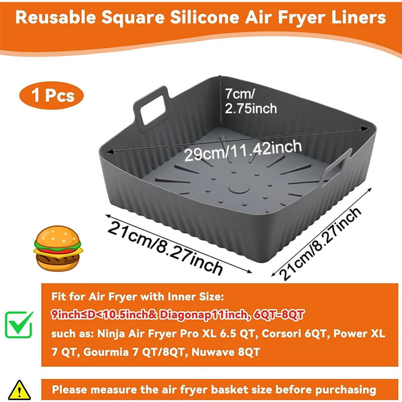Air Fryer Liners 23cm Square Large Silicone 9Inch Reusable Air Fryer Tray Basket Mold for 6 to 8QT For Ninja