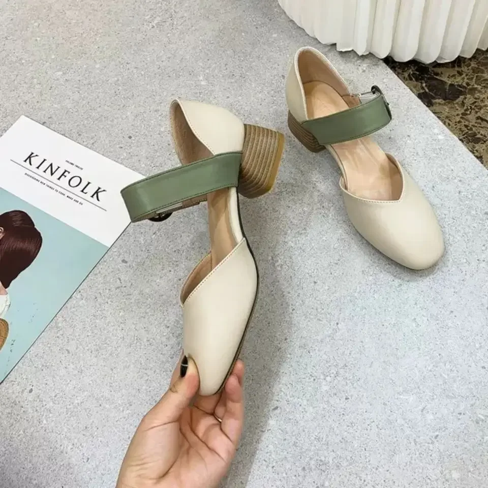 

Women's Shoes Chunky Heels Normal Leather Casual Block Heel Office Square Toe Ladies Footwear with Medium Green Slip on Offer L