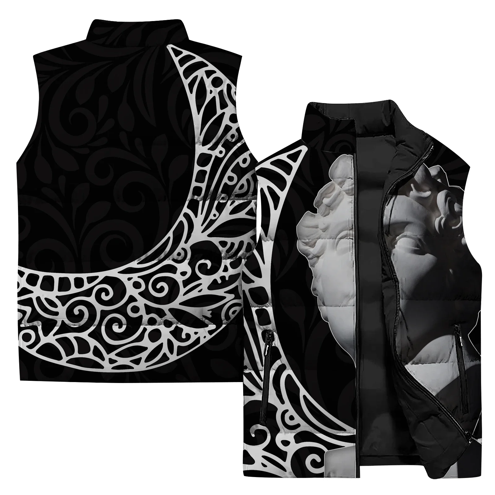 thumbnail image 1 of Chaqueta de hombre Chaleco con estampado de estatuas Ropa para hombre 2024 Chaquetas para hombre Chaleco con cremallera y cuello alto Chalecos sin mangas Abrigos resistentes al viento y al frío, 1 of 5