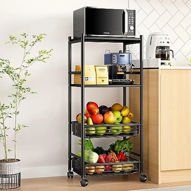 Kitchen Stand Microwave Cart 23.7'' for Small Space, Coffee Bar Table  3-Tier Rolling Utility Microwave Stand on Wheels, Coffee Cart with Storage  Bakers Rack, Black Board+Black Metal Frame 