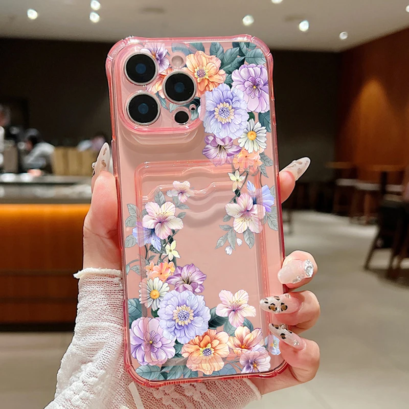 Floral Shockproof Clear TPU Phone Cover with Card Slot Pocket