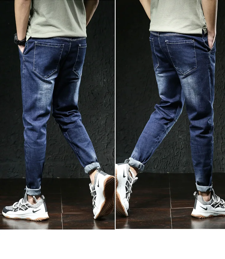 Personality Patchwork Denim Jeans Loose Men's Casual Pencil Pants Men's Stretch Jeans Trousers Brand Blue Stretch cargo jeans for men