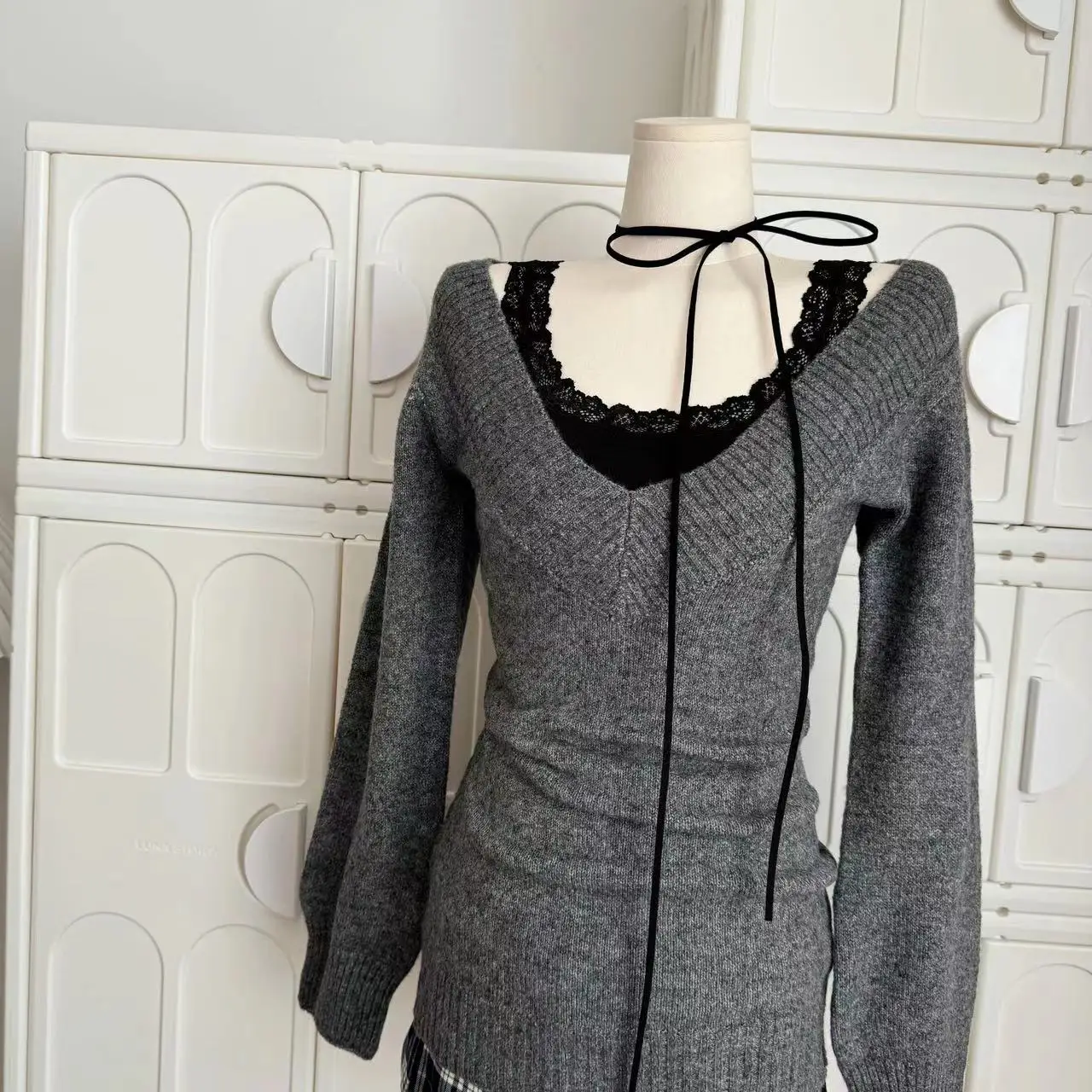 Autumn Winter Woman Gyaru V-neck French Vintage Sweater Long Sleeve Pullover Knitwear Mini Skirt 2000s Aesthetic 3-piece Outfits