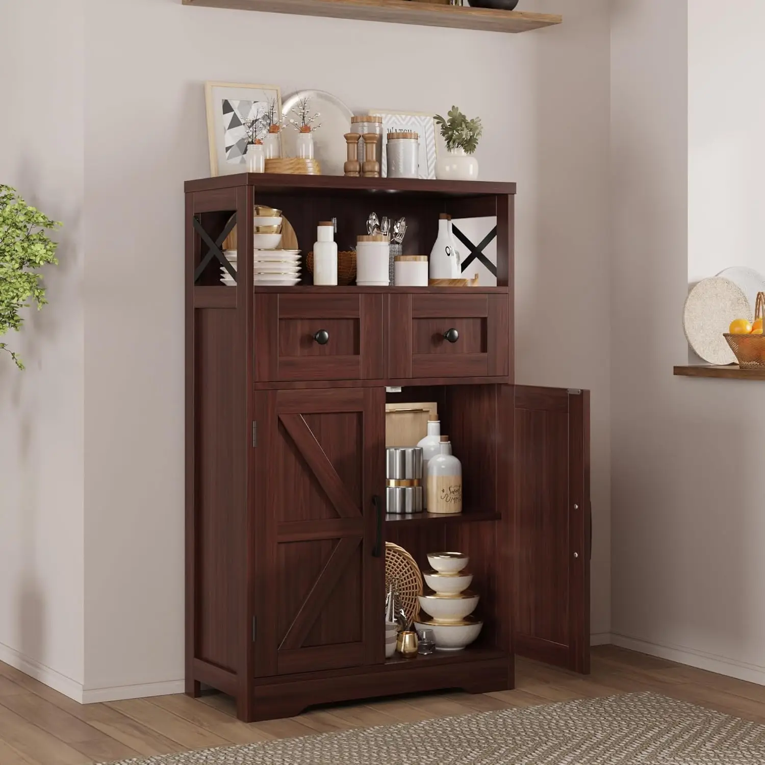 Dark Brown Storage Cabinet with Drawers and Shelves, Standing Kitchen Pantry Cabinet, Floor Storage Cabinet Hutch Cupboard, 3