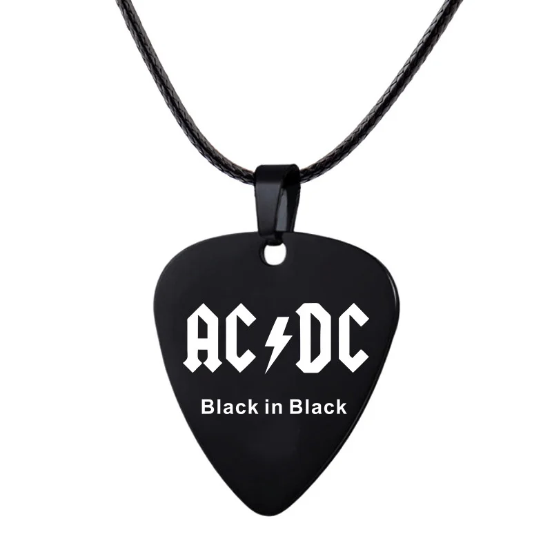 

Freight Reductio Rock Band Guitar Titanium Steel Stainless Steel Necklace Guitar Picks AC DC Punk Leather Rope Necklace Keychain