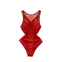Foamlina Sexy Red Mesh Vest Jumpsuit Women's Sleeveless Cross Chest Slim Fit See Through Mesh Top Unique Bottom Top New Arrival - Image 6