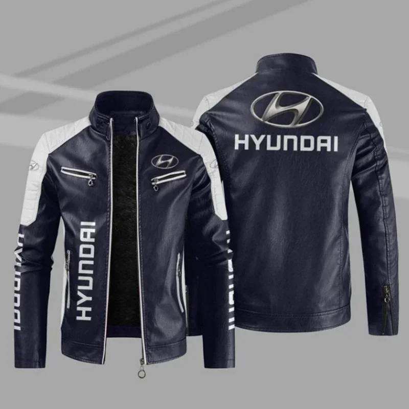HYUNDAI Logo  Fleece Fur Leather Jacket Men Winter Fashion Zipper Straight Hem Formal Casual Coats Bomber Leather Jacket 3