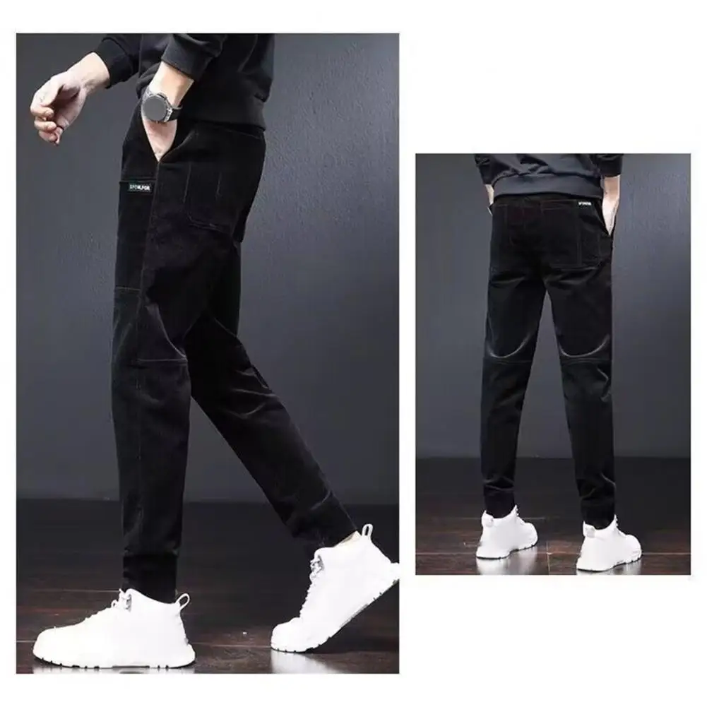 

Basic Fit Men Pants Thickened Fleece Lining Corduroy Trousers Men's Winter Casual Pants with Elastic Waist Straight Fit Side