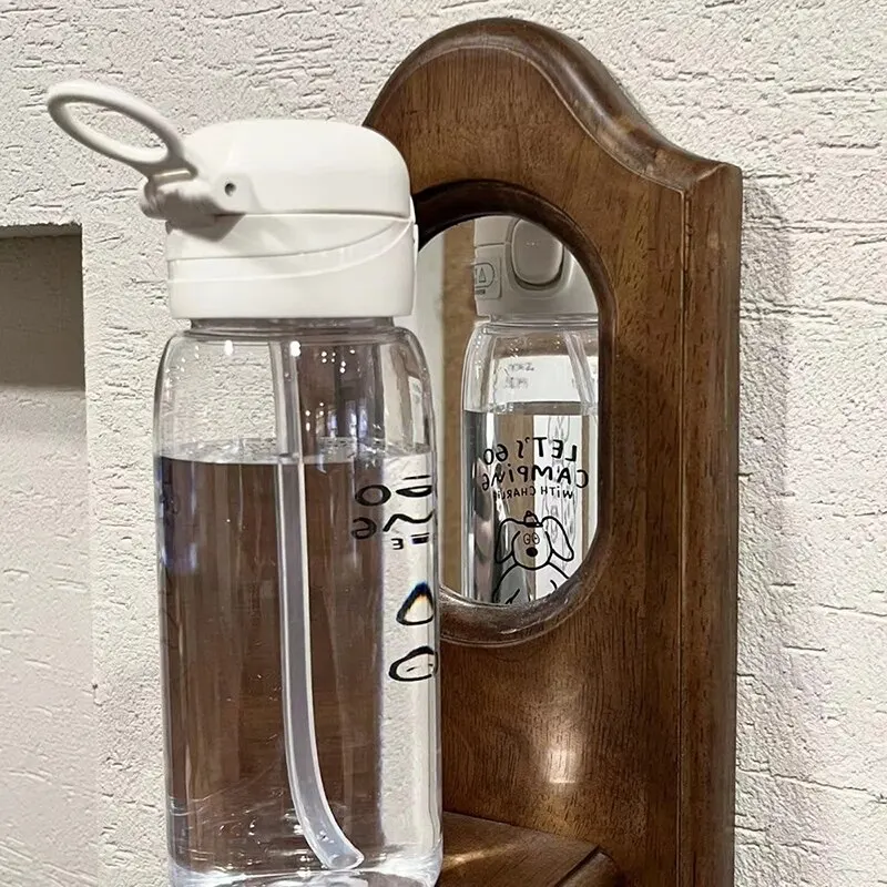 Large Capacity Portable Plastic Water Bottle with Straw - Cartoon Design, Drop Resistant
