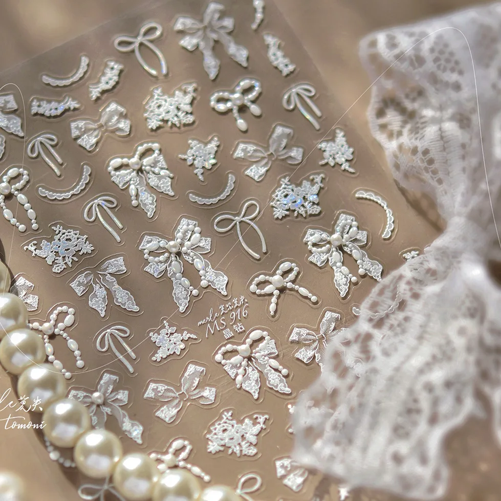 Elegant White Bow Ribbon 3D Nail Art Stickers - Self-Adhesive Shell Light Charms