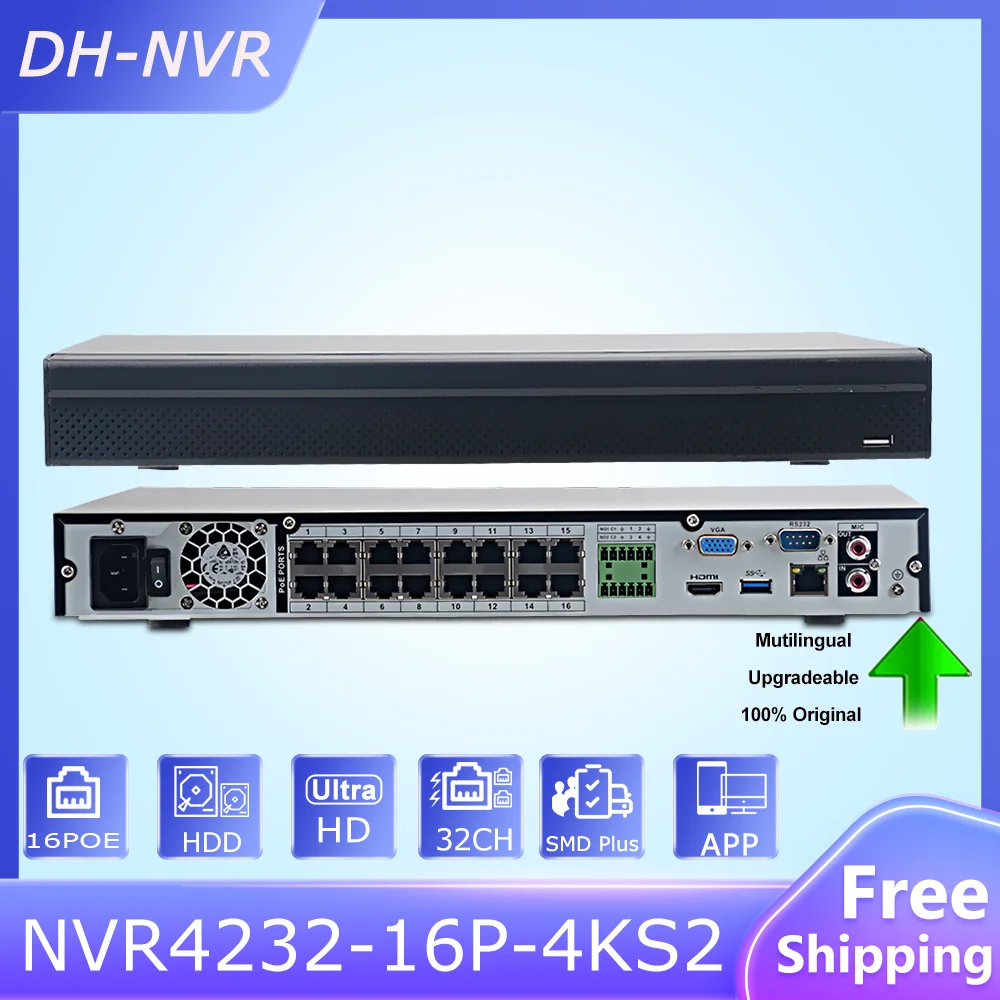 

Original Dahua 16CH 16PoE 2HDDs NVR NVR4232-16P-4KS2 AI by Camera Perimeter Protection SMD Plus Network Video Recorder for IPC