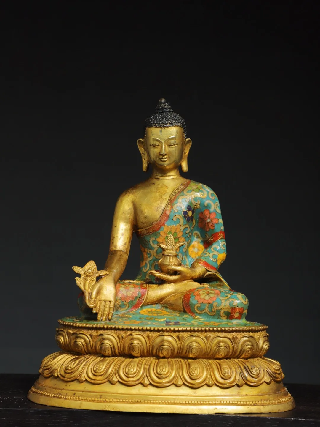 

11"Tibetan Temple Collection Old Bronze Cloisonne Enamel Medicine Buddha Bhaisajyaguru Lotus Terrace Sitting Buddha Worship Hall