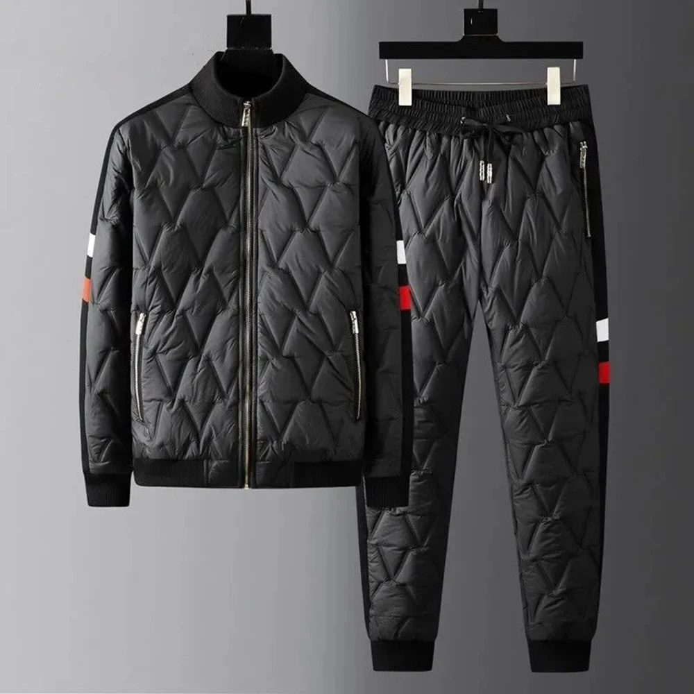 Mens Y2k Suit Autumn Winter Thick Warm Cold-Proof Suit Windproof Fashion Brand High Collar Cotton Coat Trousers Two-Piece Suit 2
