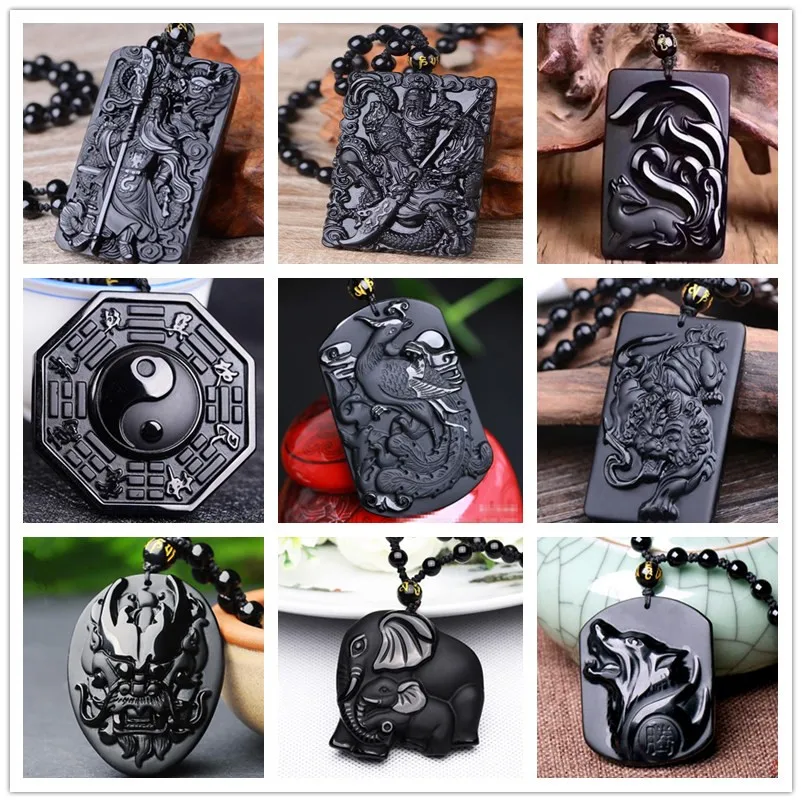 Chinese Handwork Natural Black Obsidian Carved Sword GuanGong Lucky Amulet Pendant + Beads Necklace Vintage Fashion Jewelry Gift pendant necklace