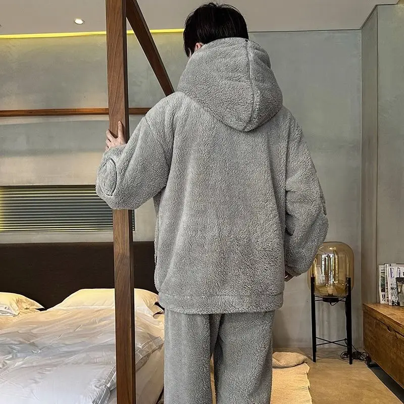 Autumn Winter Men Pajamas Coral Fleece Fleece-lined Thickened Male Nightgown Suit Flannel Hooded Large Size Warm Homewear Sets