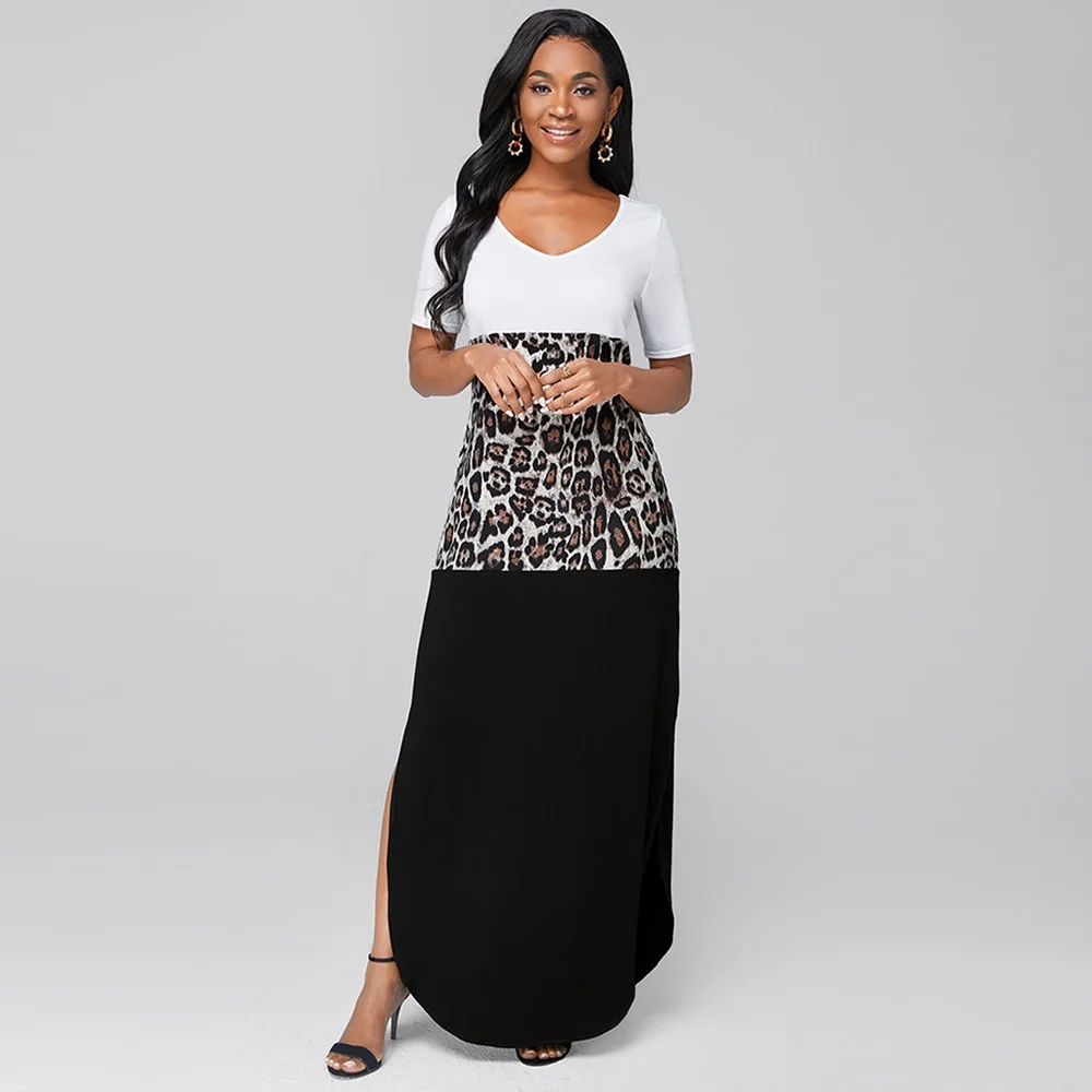 

OTEN Women's Casual V-neck Short Sleeve Loose Pocket Fashion Leopard Print Stitching Split Irregular High Waist Maxi Dress