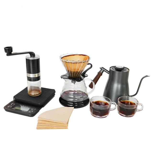 Pour Over Coffee Maker Portable Outdoor Travel Coffee Set Gift Box with  Steel Kettle Manual Grinder Glass Cup Filter Paper