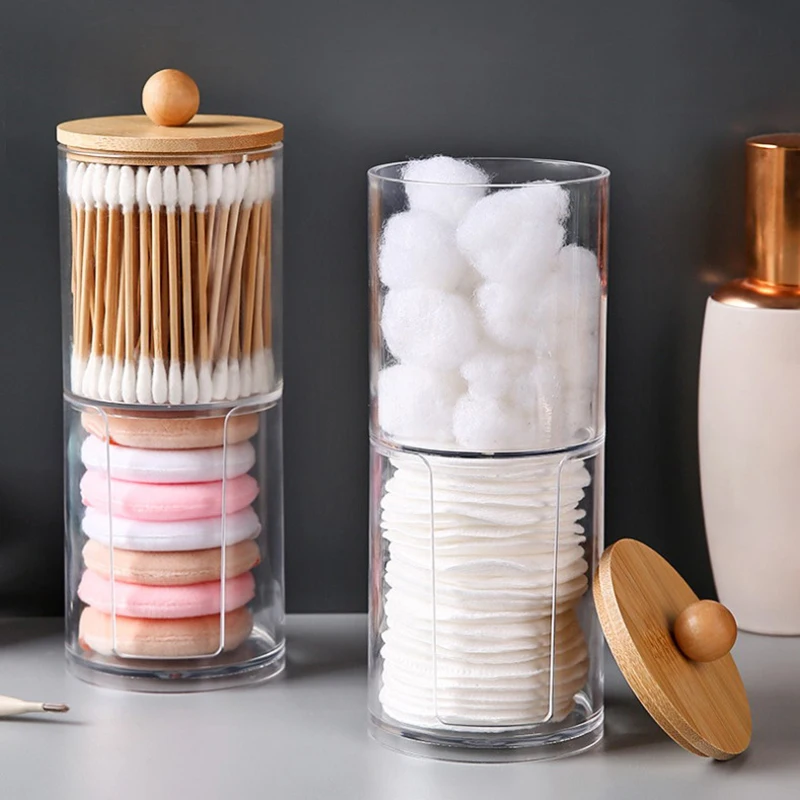 1 Pcs Cotton Swab Organizer Storage Bamboo Cover Acrylic Round Organizer Makeup Storage Box Container Organizadores 3