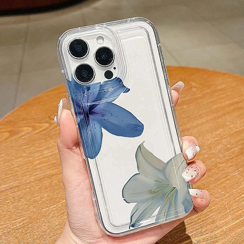 Elegant Blue Lily Pattern TPU Phone Case Back Cover