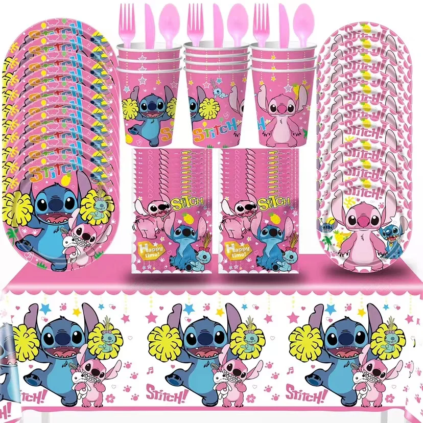 

Disney Stitch Birthday Party Decorations Tableware Supplies Set Paper Cup Plate Pink Balloon Kids Favor Gift For Baby Boys Girls