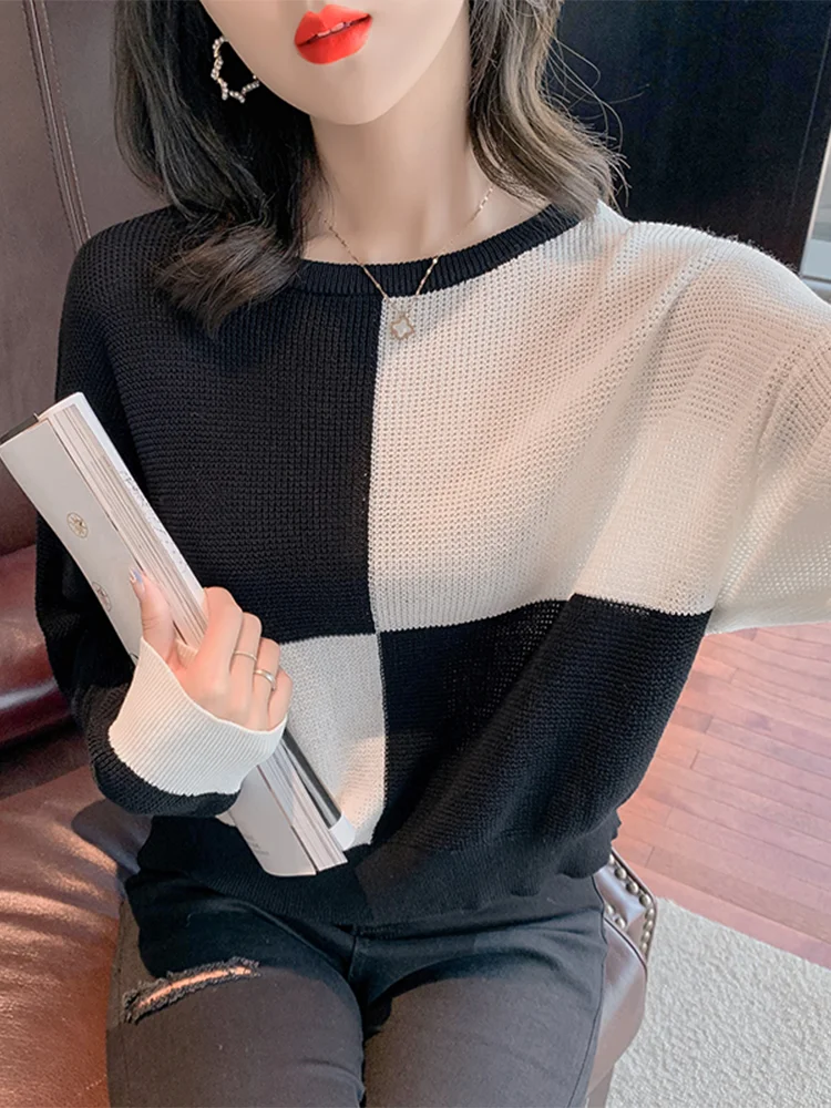 

Winsleter Streetwear Sweater Long Sleeve Pullovers Women O Necks Black White Slim Thin Knitwear Tops Autumn Spring T38077JM