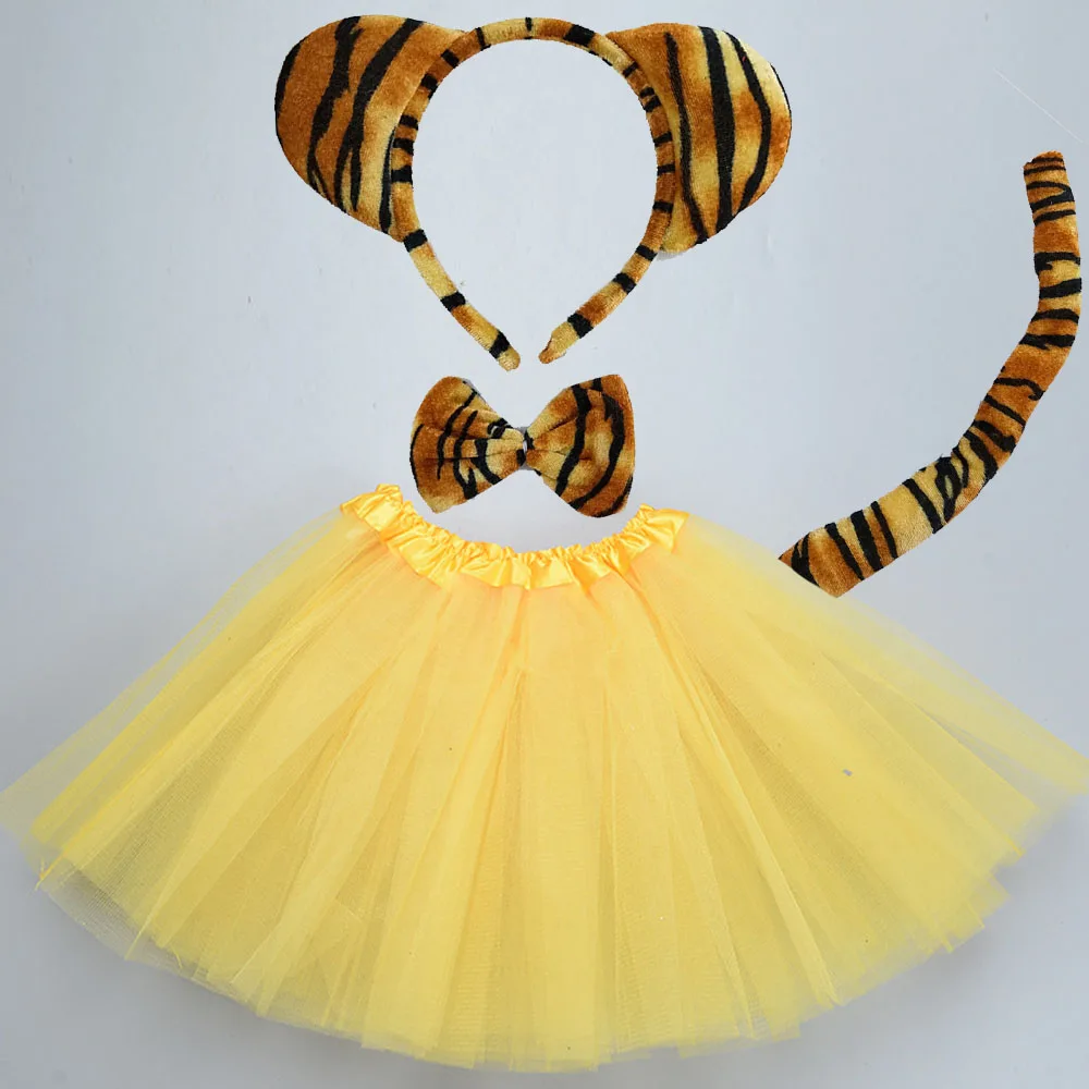 Women Girl Kids Animal Ear Headband Tail Tie Skirt Tutu Jungle Tiger Party Props Birthday Halloween Costume Cosplay