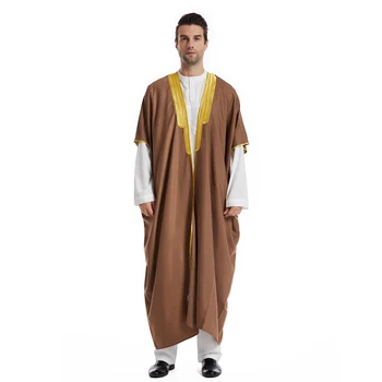 TH829 Muslim Men's Short Sleeves Embroidery Ankle Length Cardigan Robe  Islamic Kaftan