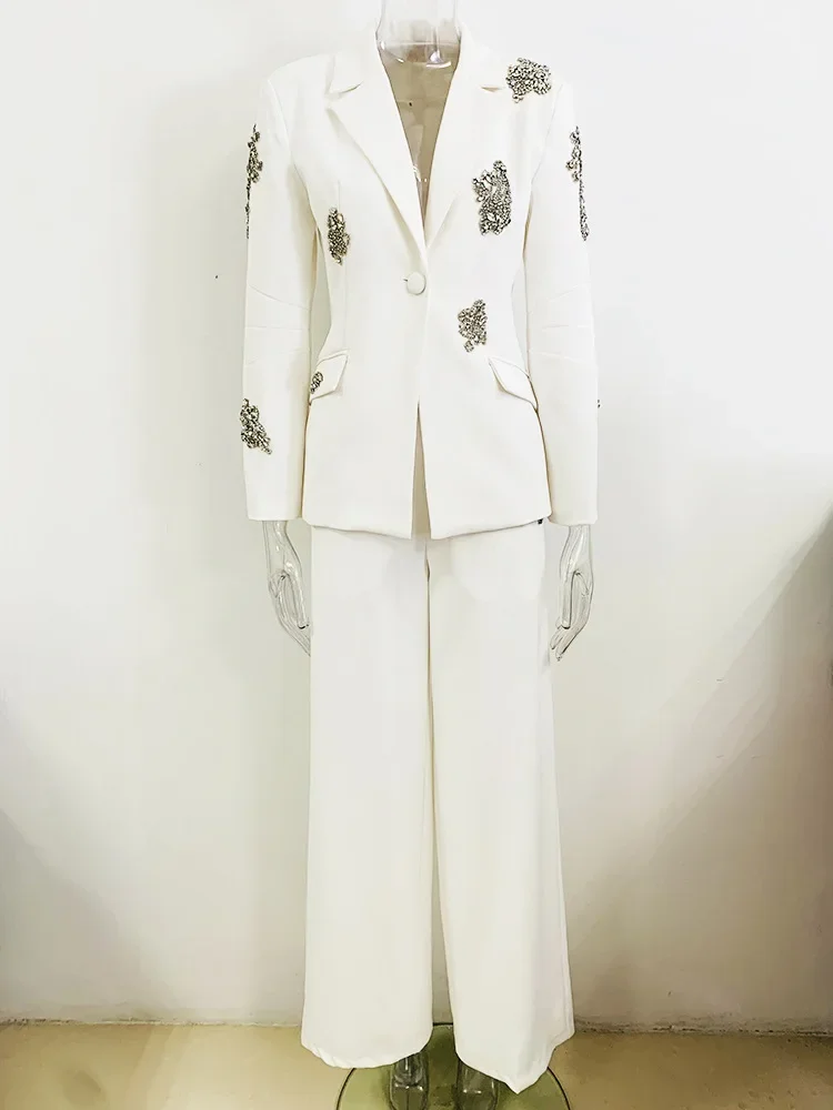 HIGH QUALITY Newest 2024 Designer Suit Women  Beaded Diamonds Single Button Suit Blazer Wide-leg Pants Set 2PCS 2