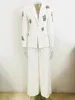 HIGH QUALITY Newest 2024 Designer Suit Women  Beaded Diamonds Single Button Suit Blazer Wide-leg Pants Set 2PCS 2