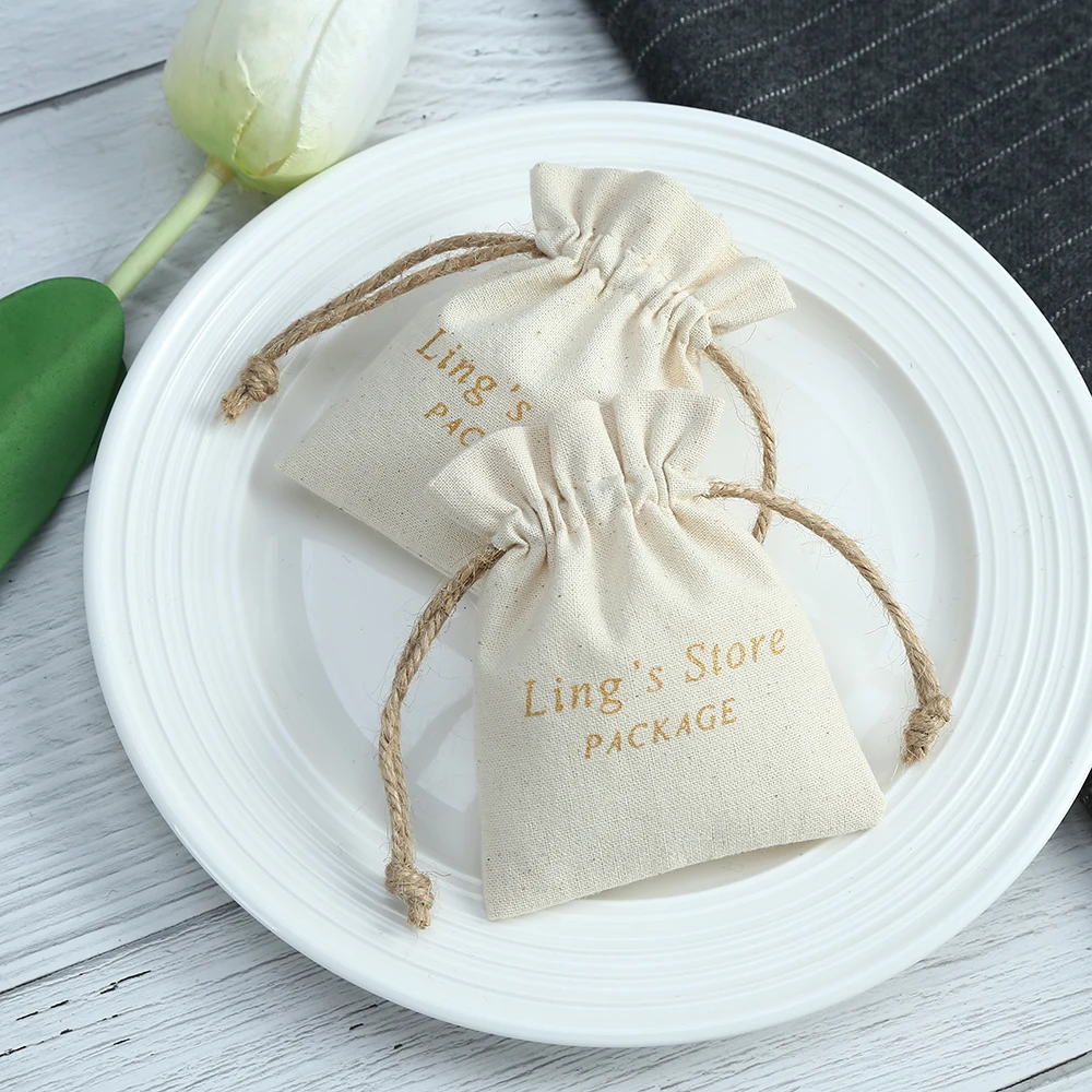100 Personalized Logo Custom Nature Cotton Drawstring Bags Jewelry Pouches Packaging Chic Wedding Favor Bag with Black Ribbon