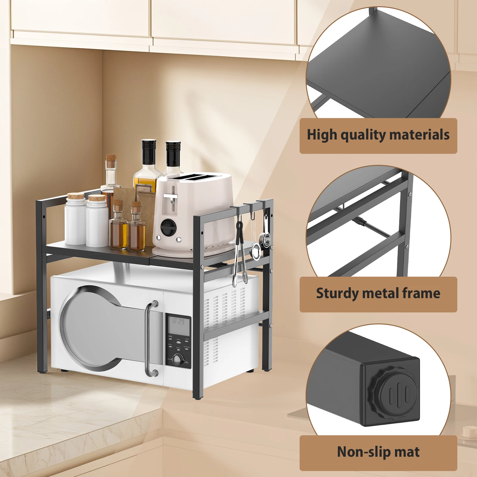 Expandable Microwave Shelf, 1 or 2 Tier Microwave oven Rack Stand Storage Holder Kitchen Corner Shelf Desktop Printer Shelf Rack: 3 - 5 Days Free Delivery Only UK