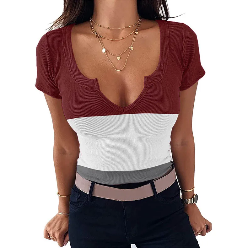 

Summer Fashion New Women's Tops V-neck Pullover Spell Color Casual Tight Short-sleeved T-shirt Female