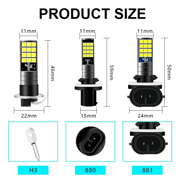 2x H3 H27 881 880 2 색 화이트 옐로우 안개등 전구 3030 SMD 2400LM 화이트 자동차 운전 러닝 램프, 자동 LED 조명 12V 24V