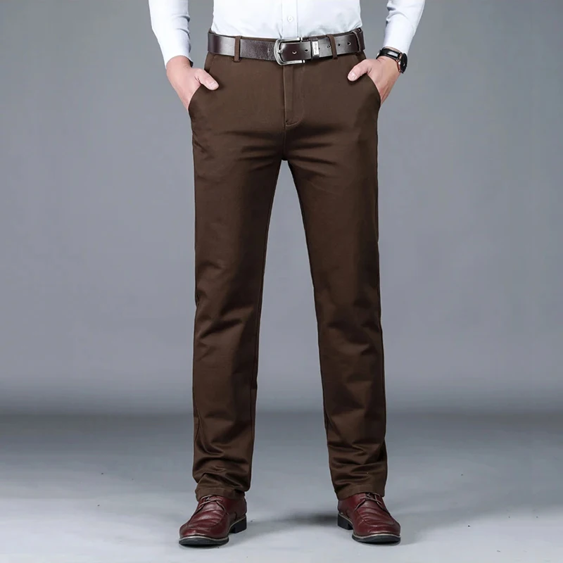 98% Cotton Classic Men's Brown Business Straight Casual Pants Solid Stretch High Waist Office Trousers Male Brand Black Khaki 2