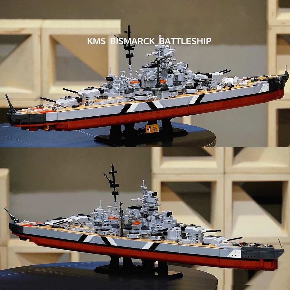 

2 In 1 KMS Bismarck Battleship Building Blocks WW2 Military Warships Navy Fleet Model Bricks Assemble Toy For Children Gift Moc