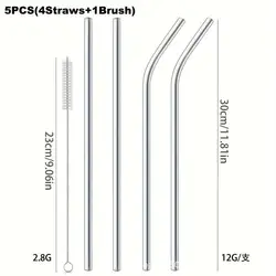 Eco - Friendly Colorful Reusable Stainless Steel Drinking Straws, 4 - Pack - 30cm for Cocktails & Smoothies (Silver)