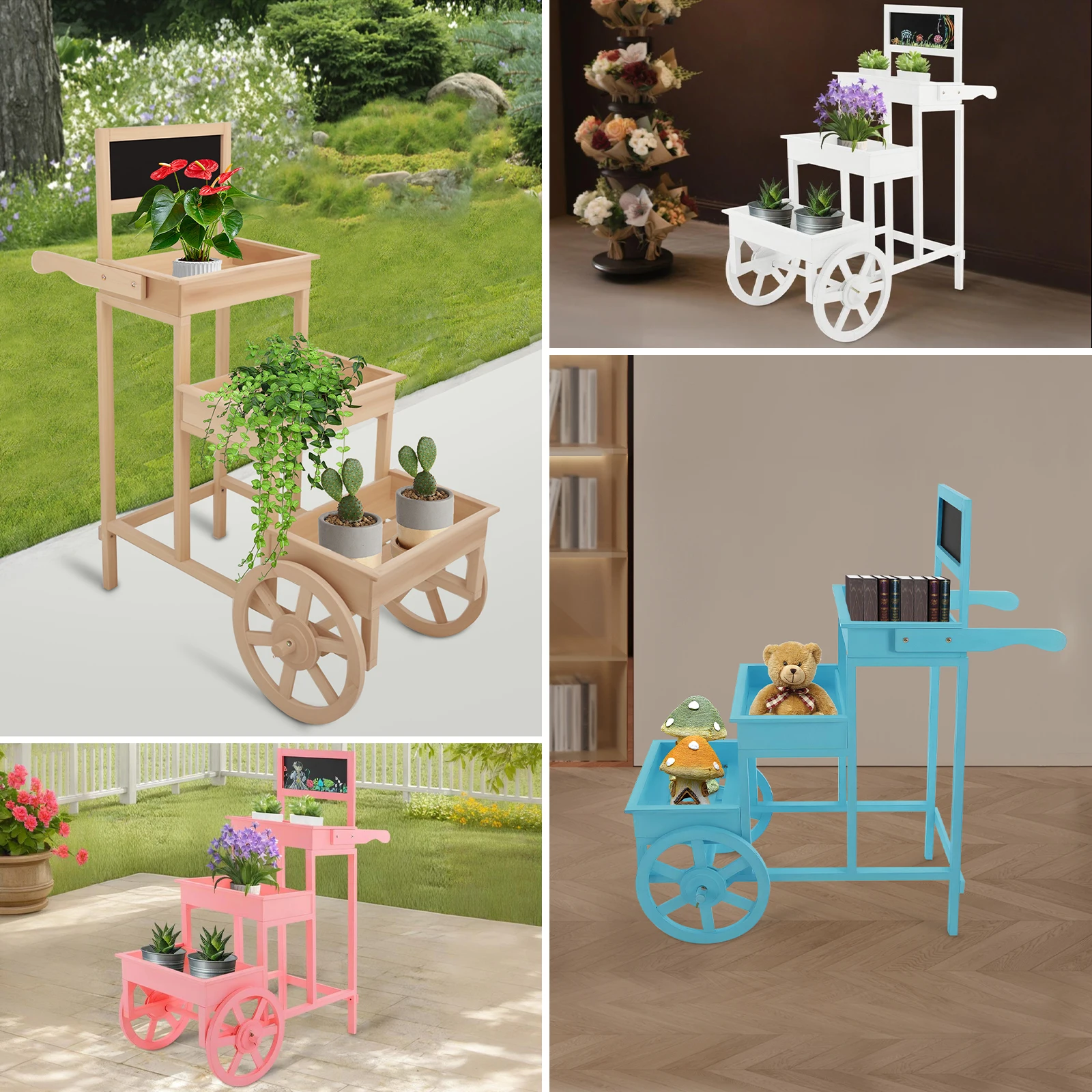 3-Tiered Flower Cart Display Stand with Wheels, Plant Flower Rack with Blackboard, Stand Blue/Pink/White/Wood Color