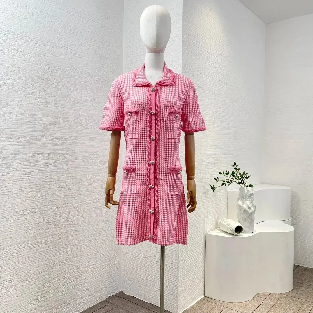 

Pink Blue Stretchy Fit Short Sleeve Diamonds Buttons Mini Knit Dress 2024 New Spring Summer High Quality Women Clothing