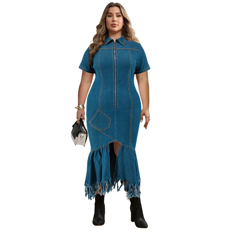 

Vintage Denim Dress Women Spring Summer Elegant Casual Short Sleeve Zipper Plus Size Midi Dress Irregular Jeans Sexy Robe Femme