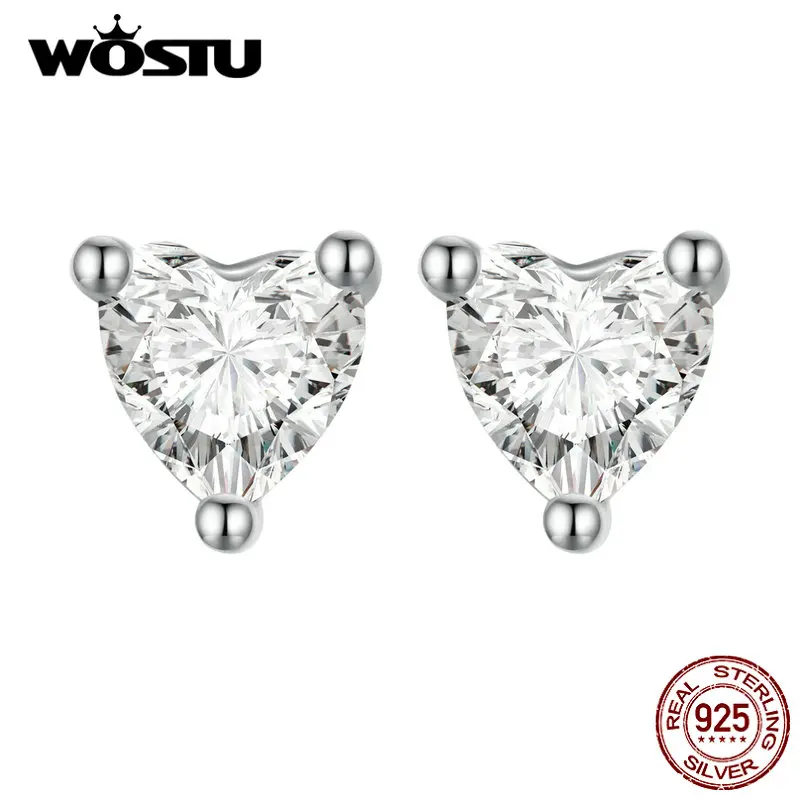 Wostu 925 Sterling Silver Mini Heart Star Moon Orecchini A Bottone Per Le Donne Lovely White Zircone Crystal Wedding Studs Jewelry Gift