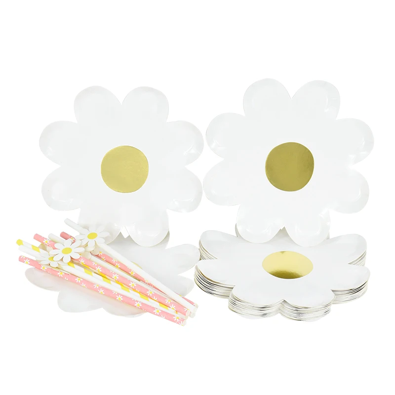 

Daisy Flower Tableware Disposable Dining Plate Straws Cake Tray Kids Birthday Theme Party Decor Baby Shower Wedding Supplies