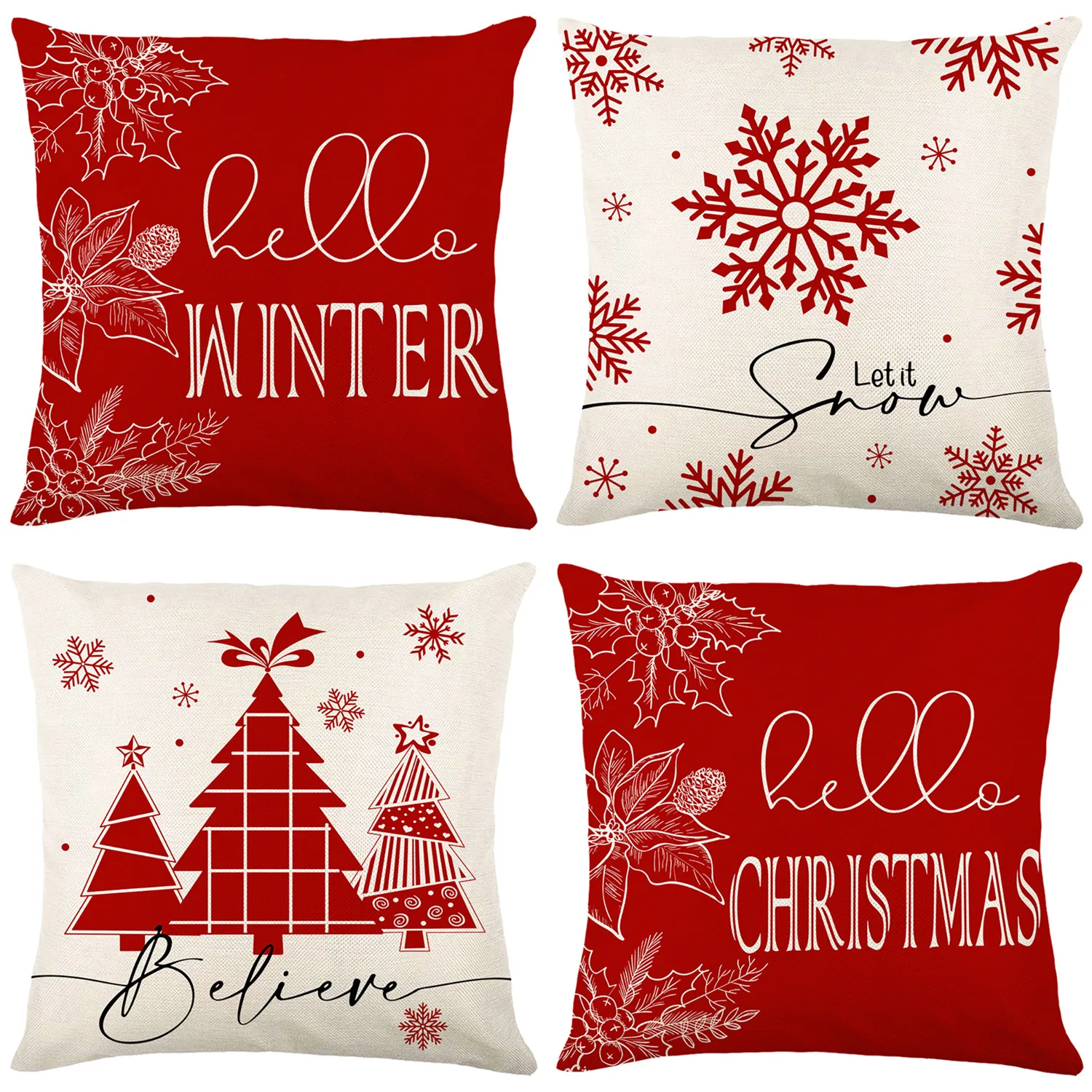 

Christmas Decorating Pillow Covers 18x18 inches Set of 4 for Home Decor Hello Winter Hello Christmas Throw Pillow Cushion Cases
