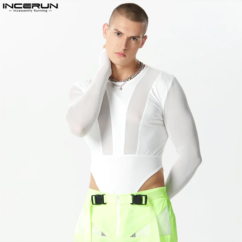 

Боди INCERUN мужское Сетчатое в стиле пэчворк, с круглым вырезом и длинным рукавом, пикантные мужские комбинезоны, прозрачное 2023, облегающее модное уличное боди